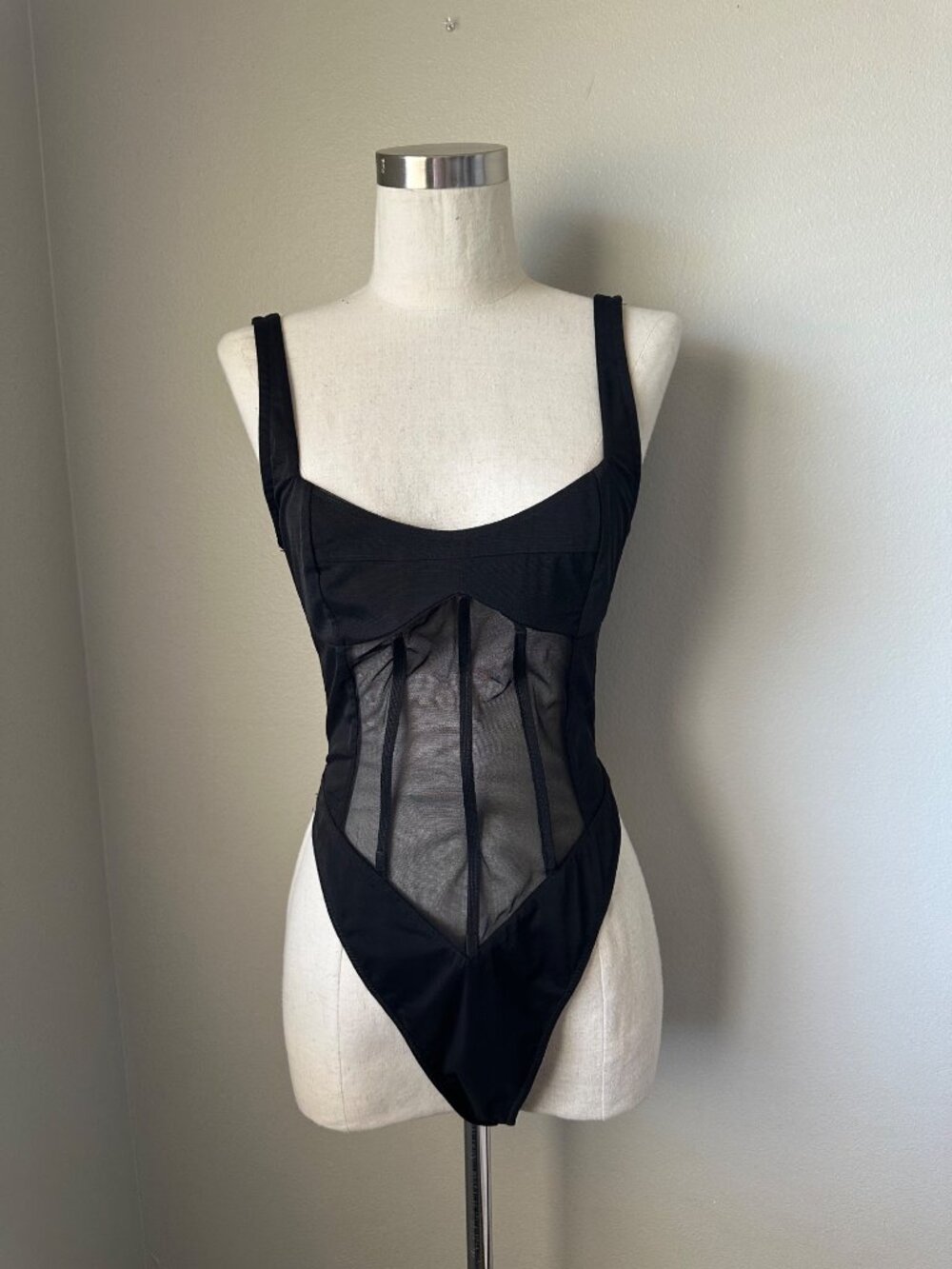 NBD Black Sheer Mesh Panel Bodysuit With Back Zipper Sexy Flirty Fun Sz S